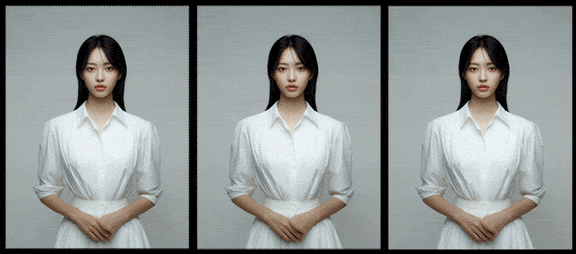 턱을 터치하는 인물 손동작을 동작 중심 프롬프트로 설계한 Midjourney 영상 GIF, 손의 이동과 정리 흐름이 안정적으로 표현됨_Midjourney