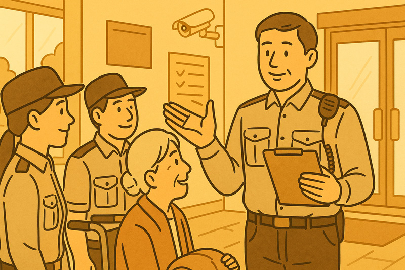 보안 유니폼을 착용한 경비지도사가 동료와 함께 노인 고객에게 친절히 설명하는 장면