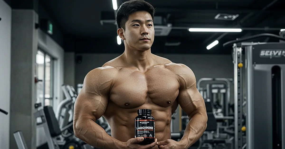 헬스장에서 보충제를 들고 정면을 응시하는 근육질 보디빌더