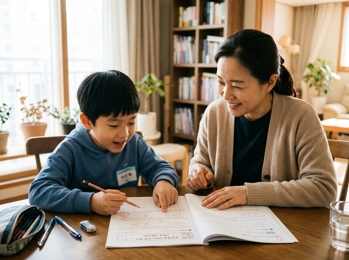 학부모와 아이가 함께 사회 시험 오답 분석하는 모습