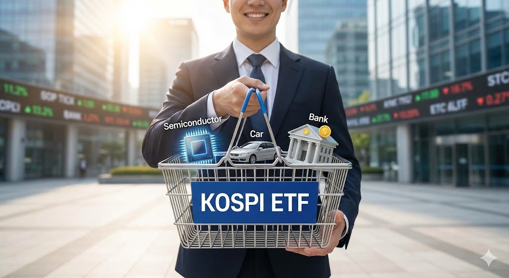 'KOSPI'라고 적힌 커다란 바구니(ETF)에 반도체, 자동차, 금융 등 다양한 알짜 기업들이 가득 담기는 모습