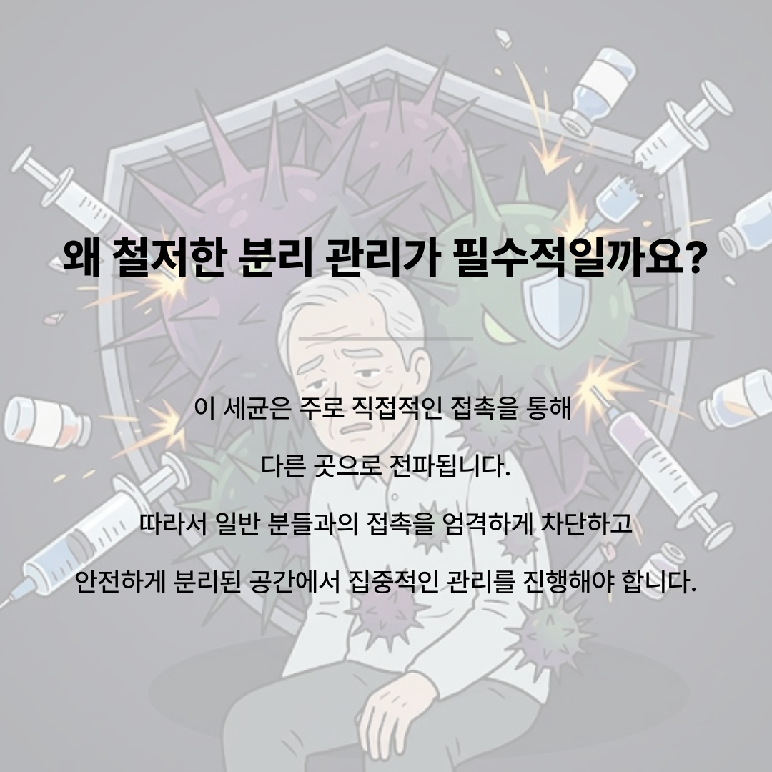 지친 표정의 어르신 주위로 바이러스와 주사기를 막아내는 방패 일러스트 배경. 텍스트: 왜 철저한 분리 관리가 필수적일까요? 이 세균은 주로 직접적인 접촉을 통해 다른 곳으로 전파됩니다. 따라서 일반 분들과의 접촉을 엄격하게 차단하고 안전하게 분리된 공간에서 집중적인 관리를 진행해야 합니다.