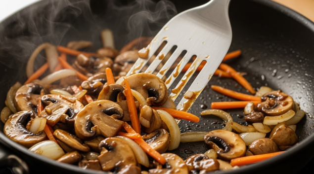 센 불에 마늘 향을 낸 후, 새송이버섯과 채소를 넣고 빠르게 볶아 익히고 있는 모습.