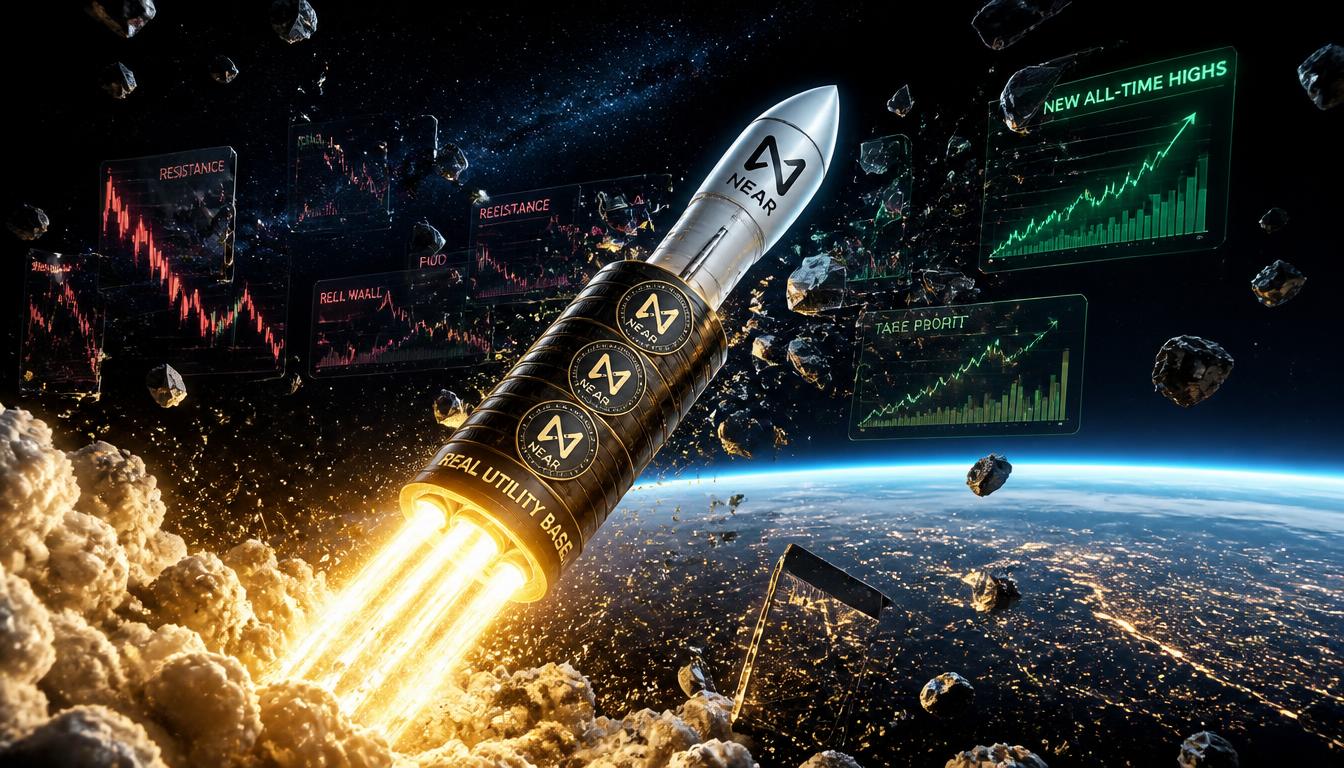 A two-stage rocket made of NEAR Protocol coins launching upward representing organic demand and institutional catalyst engines.