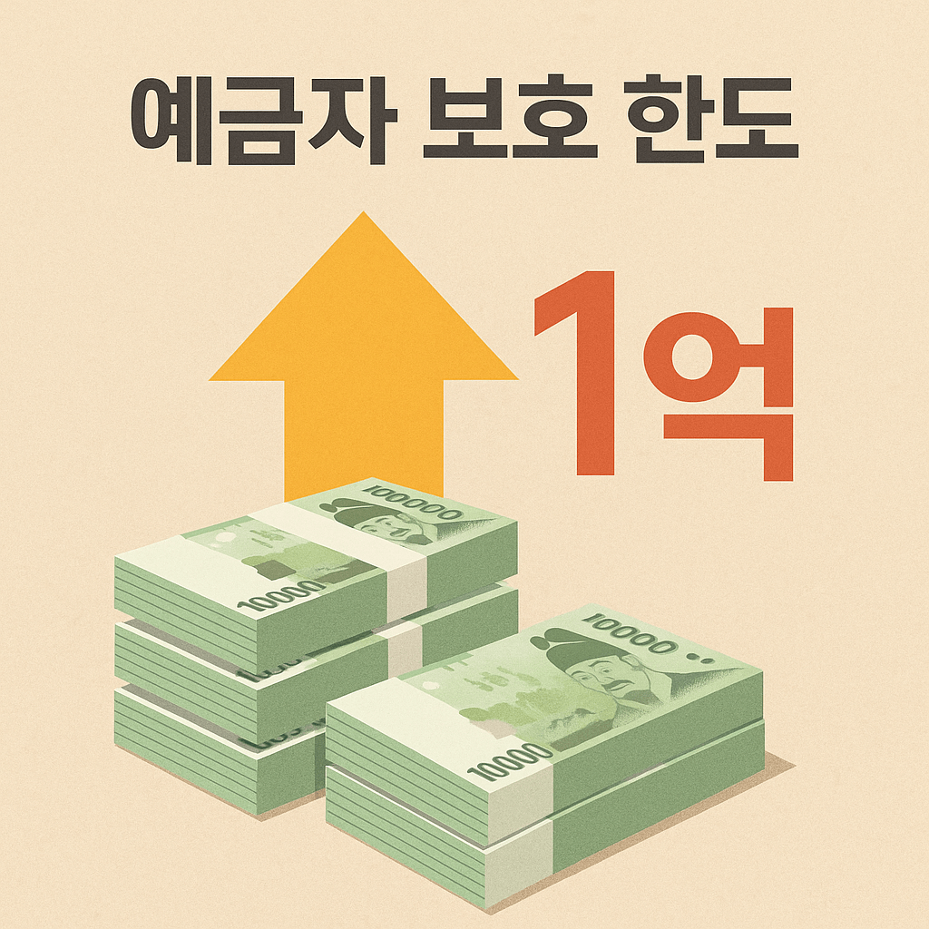 이 이미지는 2025년 9월부터 시행되는 예금자 보호 한도 상향 조치를 시각적으로 표현한 것입니다.

상단에는 굵은 글씨로 &quot;예금자 보호 한도&quot;라는 문구가 배치되어 있으며,

중앙에는 위쪽을 향한 커다란 화살표가 한도를 높인다는 상징적 의미로 사용되었습니다.

오른쪽에는 붉은색 숫자 &quot;1억&quot;이 강조되어 새롭게 상향된 보호 금액을 직관적으로 보여줍니다.

하단에는 10,000원권 지폐 다발이 묶여 있어 실질적인 자산 보호의 이미지를 전달합니다.

전체적으로 깔끔하고 절제된 배경색과 디자인 요소들을 통해 신뢰감과 정보 전달력을 동시에 높인 블로그용 인포그래픽 스타일의 이미지입니다.