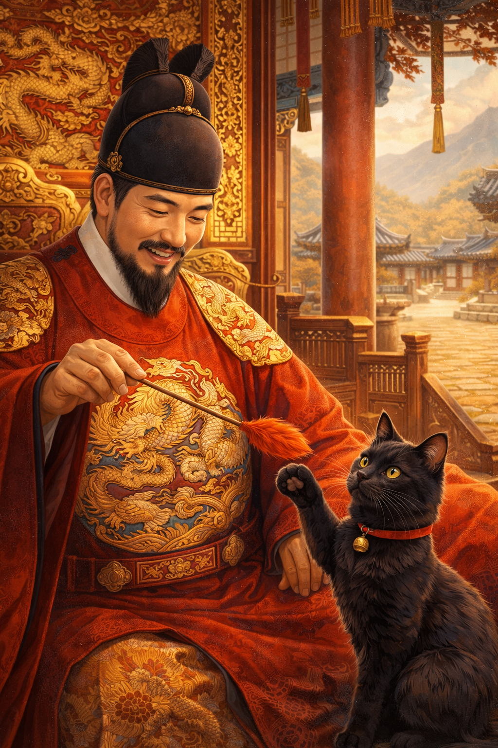 Korean King of Joseon Dynasty playing with a cat