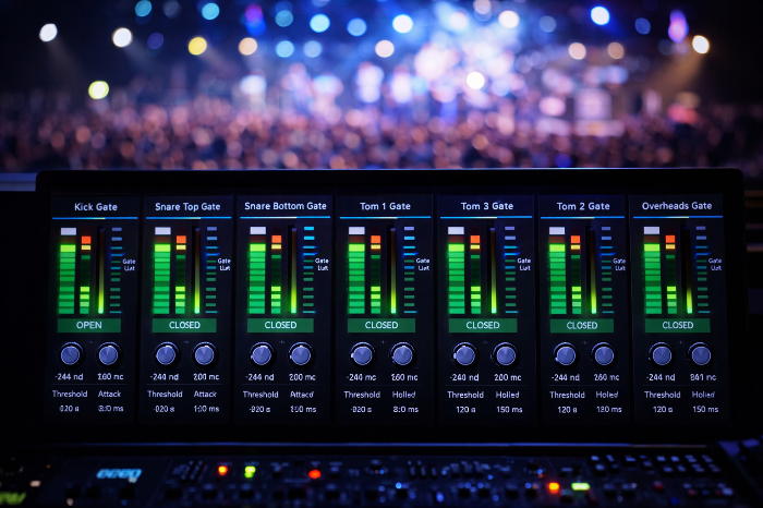 라이브 현장에서 다수의 마이크 간섭을 제어하기 위해 작동 중인 게이트 미터 브리지