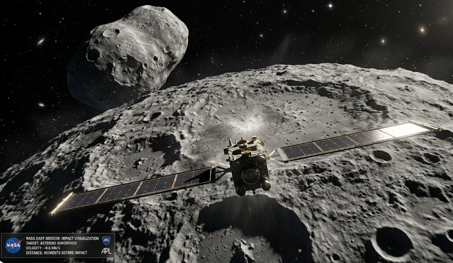 NASA DART 탐사선이 소행성 디모르포스에 충돌하는 순간 — 충돌 직전 암석 표면이 가득 찬 카메라 시점의 극적인 우주 장면
