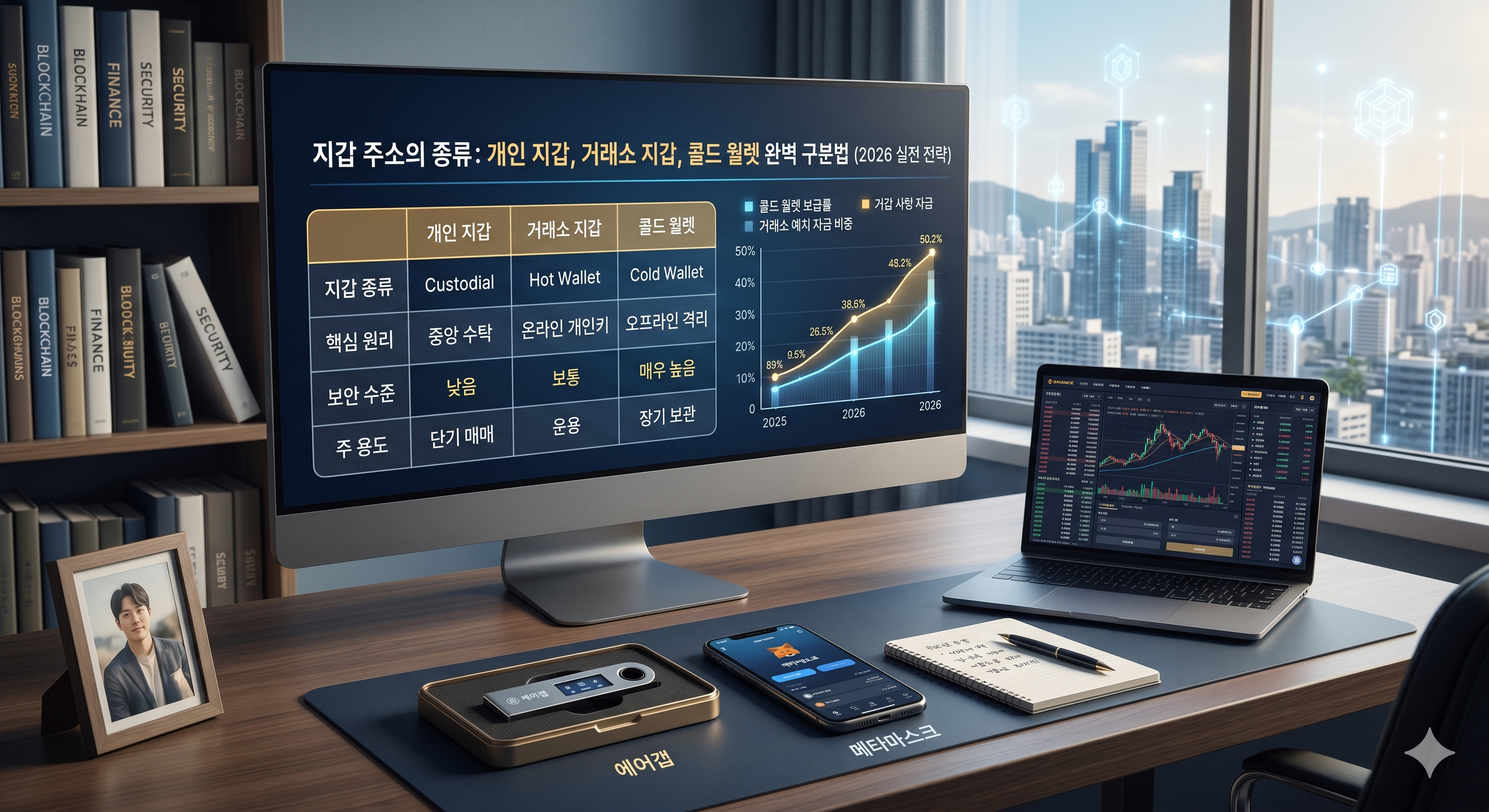 중앙 수탁 방식의 거래소 지갑을 상징하는 대형 거래소 로고와 인터페이스