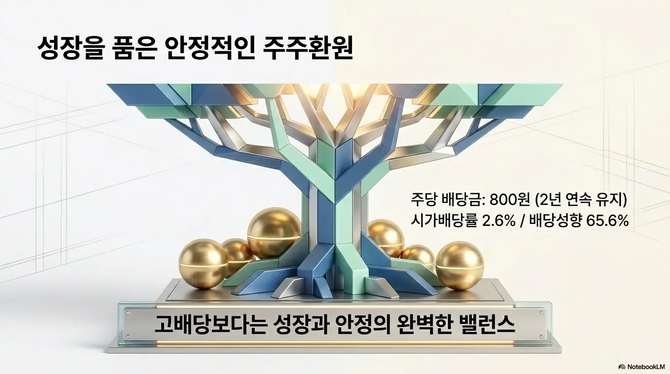기가비스 주가 전망: 기가비스 배당과 주주환원을 나무 조형물로 표현한 이미지. 주당 배당금 800원 2년 연속 유지, 시가배당률 2.6%, 배당성향 65.6% 수치가 표시됩니다. 고배당보다는 성장과 안정을 함께 추구하는 배당 정책임을 시각적으로 설명합니다.