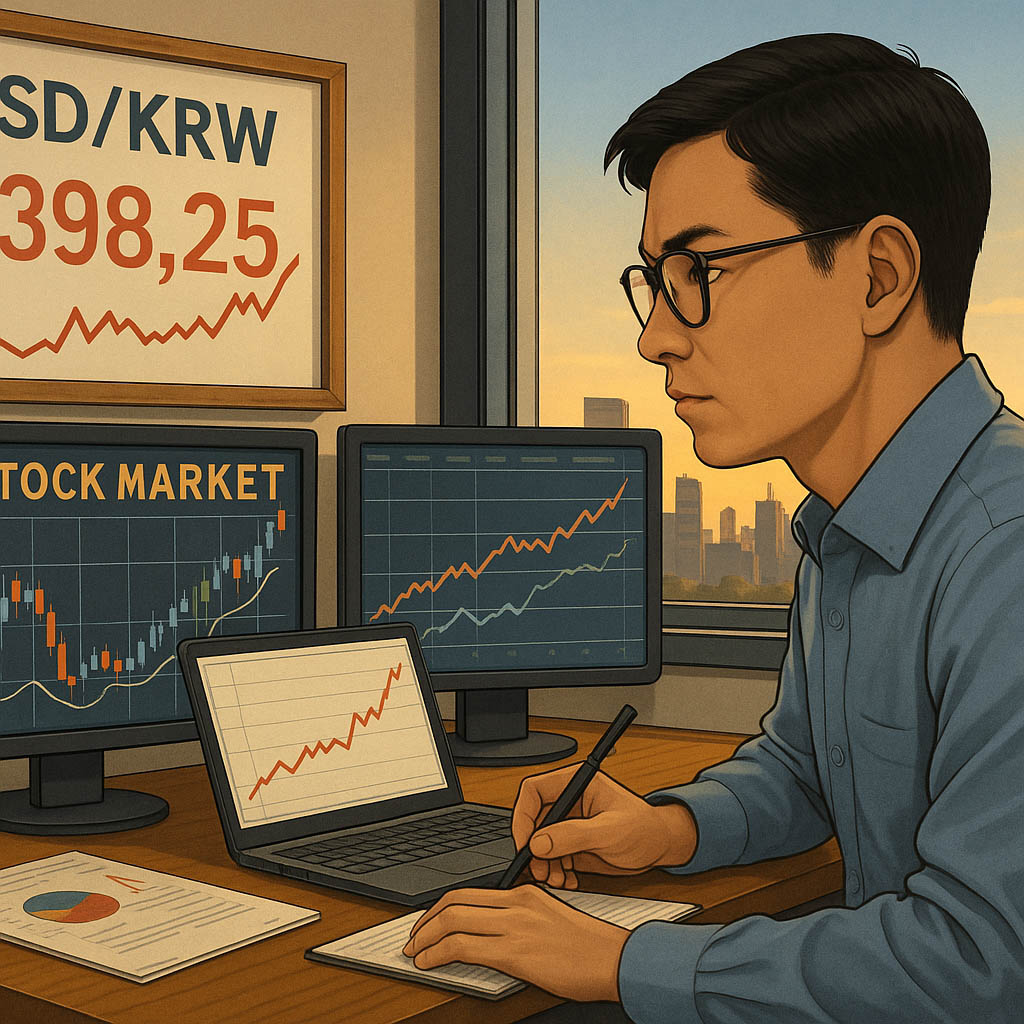 창가에서 한 남성이 모니터와 노트북으로 주식 차트를 보며 메모하고, 'USD/KRW 1398.25'가 적힌 보드가 보이는 이미지