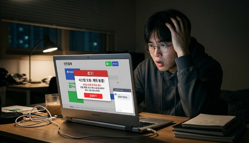 어두운 방 안에서 노트북을 보며 당황해하는 남성의 얼굴과 화면에 뜬 가짜 안전결제 창의 모습