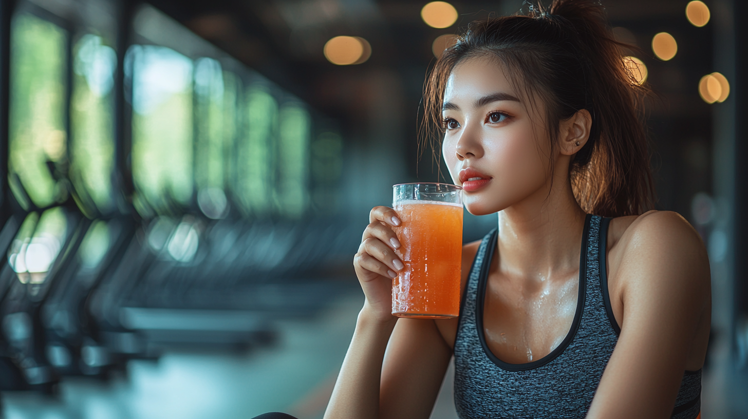 헬스장에서 운동 후 건강음료를 마시고 있는 젊은여성