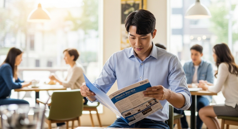 카페에서 정책 브로셔를 펼쳐 보는 남성 대표