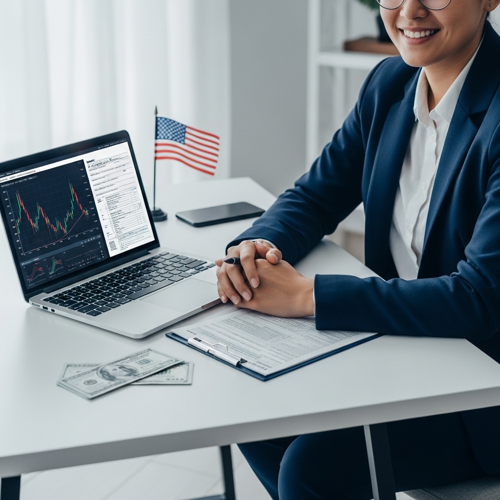 미국 주식 양도소득세 신고를 쉽게 마친 듯 미소 짓는 사람이 노트북과 세금 서류 앞에서 앉아있는 모습