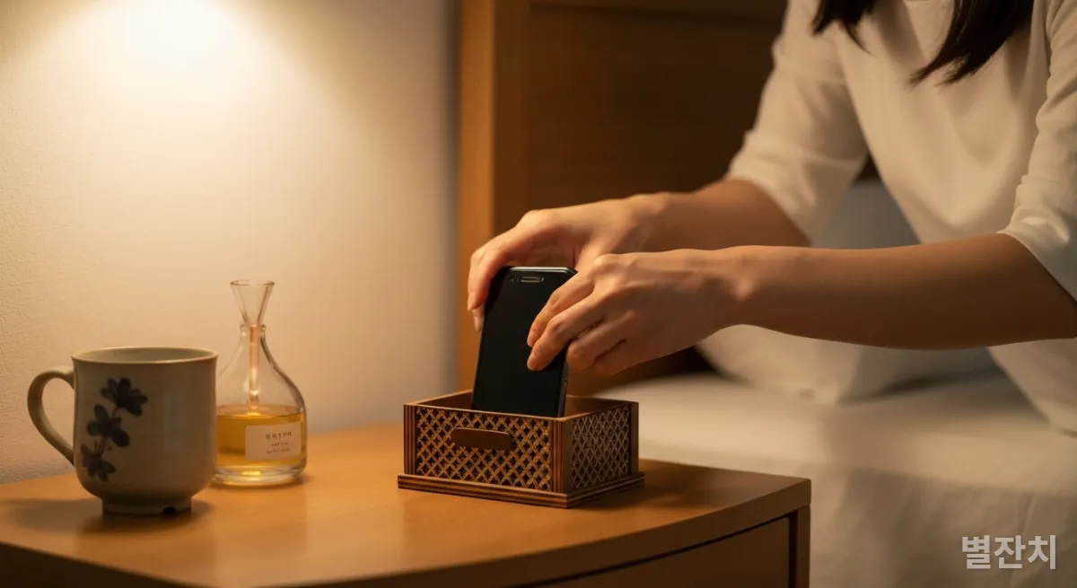 한국인 여성의 손이 침대 옆 탁자에 스마트폰을 나무 상자에 넣는 모습