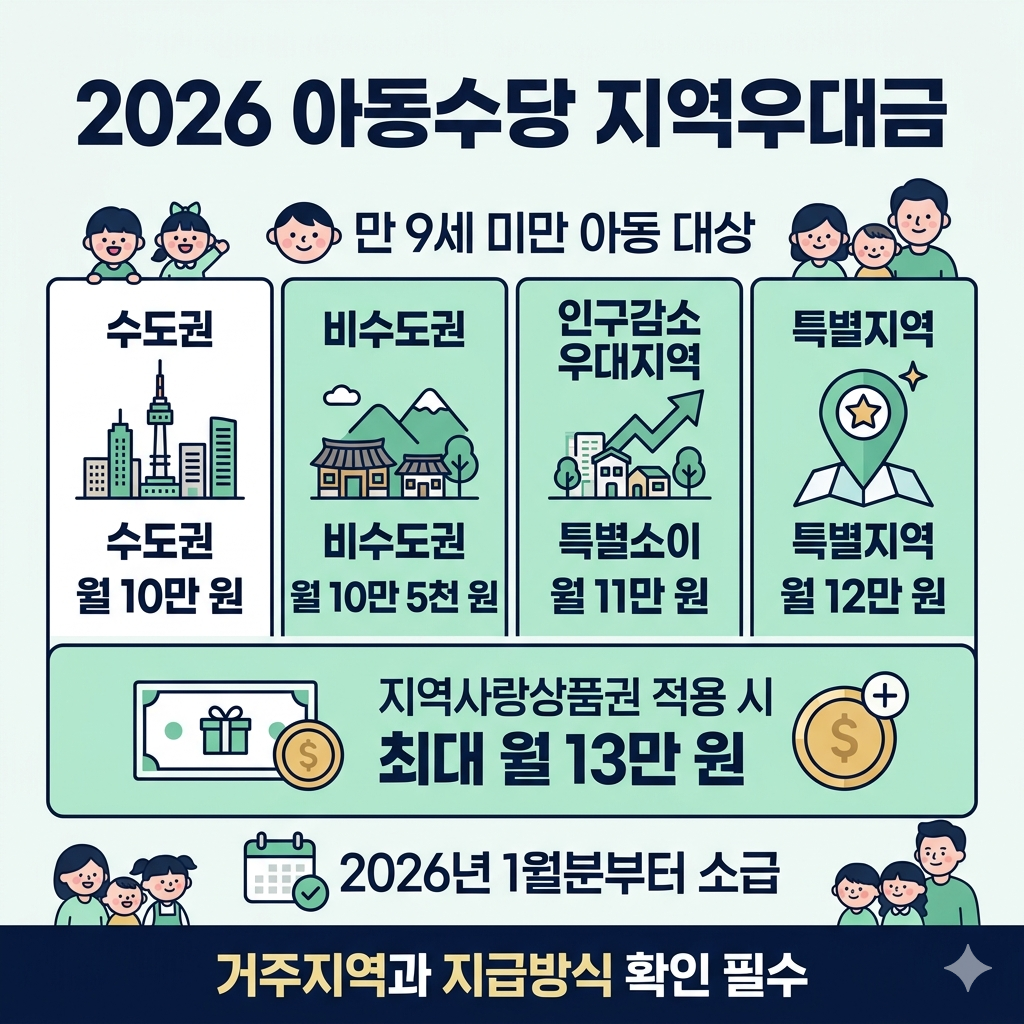 아동수당 지역우대금 2026 비수도권&middot;인구감소지역 추가금액&middot;신청방법 확인 인포그래픽