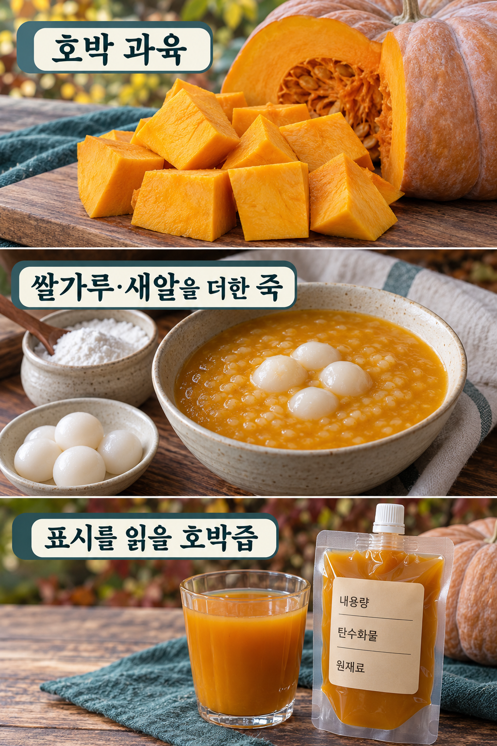 늙은호박 과육·쌀가루와 새알을 더한 죽·표시를 읽는 즙의 세 형태.