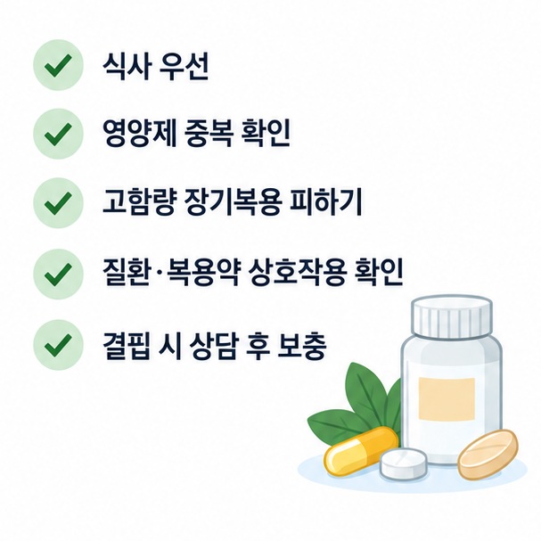 영양제보다 식사를 우선하고 중복 성분과 고함량 장기복용을 확인하는 면역 영양제 체크리스트