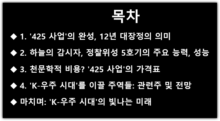 정찰위성 5호기 성공, 제원, 가격, 관련주, 수혜주, 향후 전망 목차