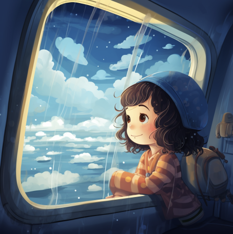 어린여자아이가 비행기안에서 비오는 창밖을 구경한다