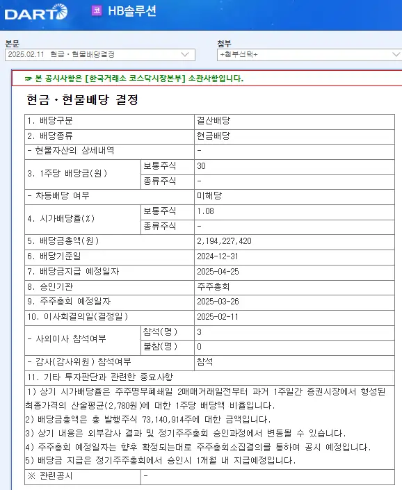 HB솔루션(297890) 2025년 배당금