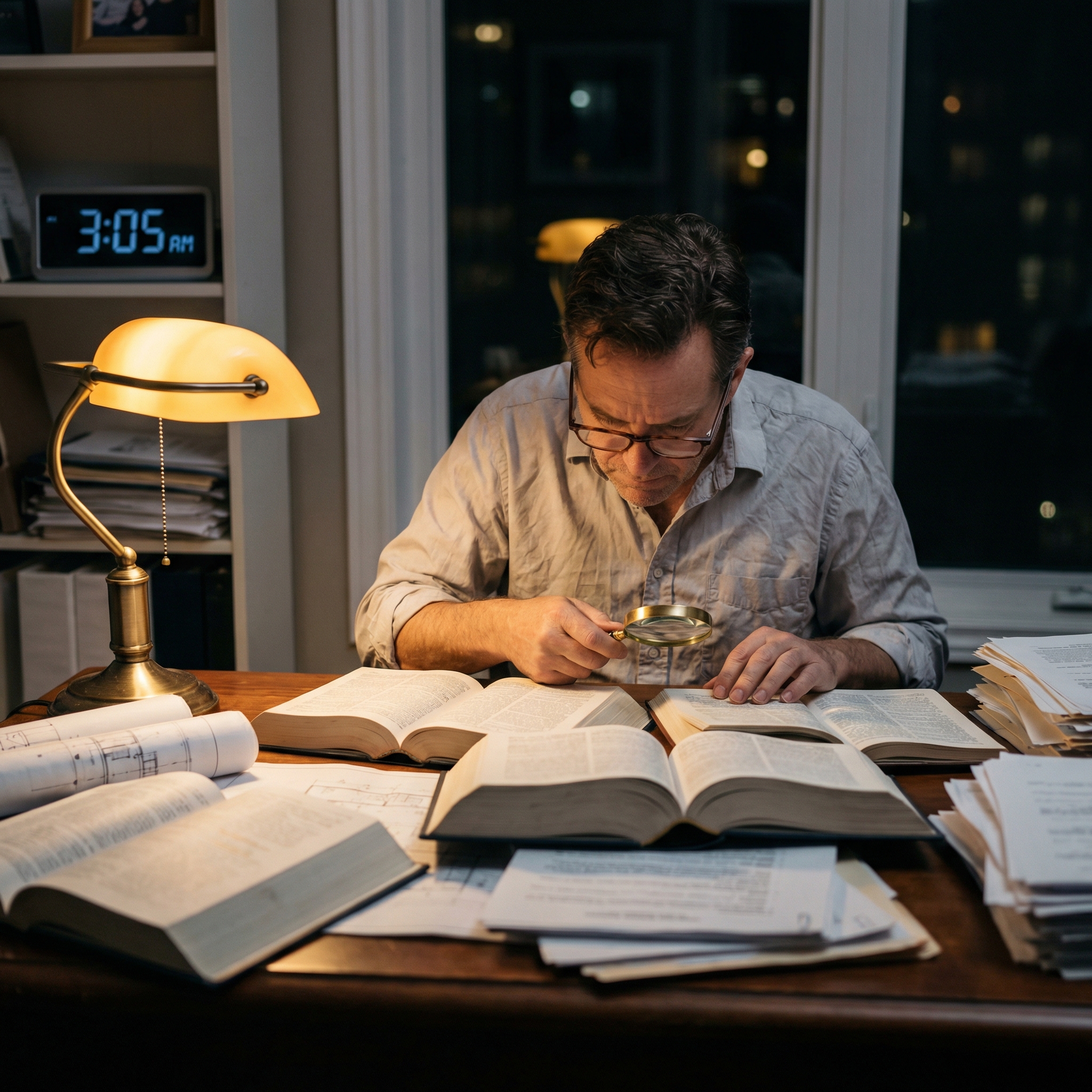모두가 잠든 새벽 3시, 따뜻한 데스크 스탠드 아래에서 두꺼운 전공 서적과 청사진을 치열하게 연구하는 전문직 인물. 독보적인 실력을 쌓기 위한 처절한 노력의 과정을 담은 8k 초고해상도 사진.