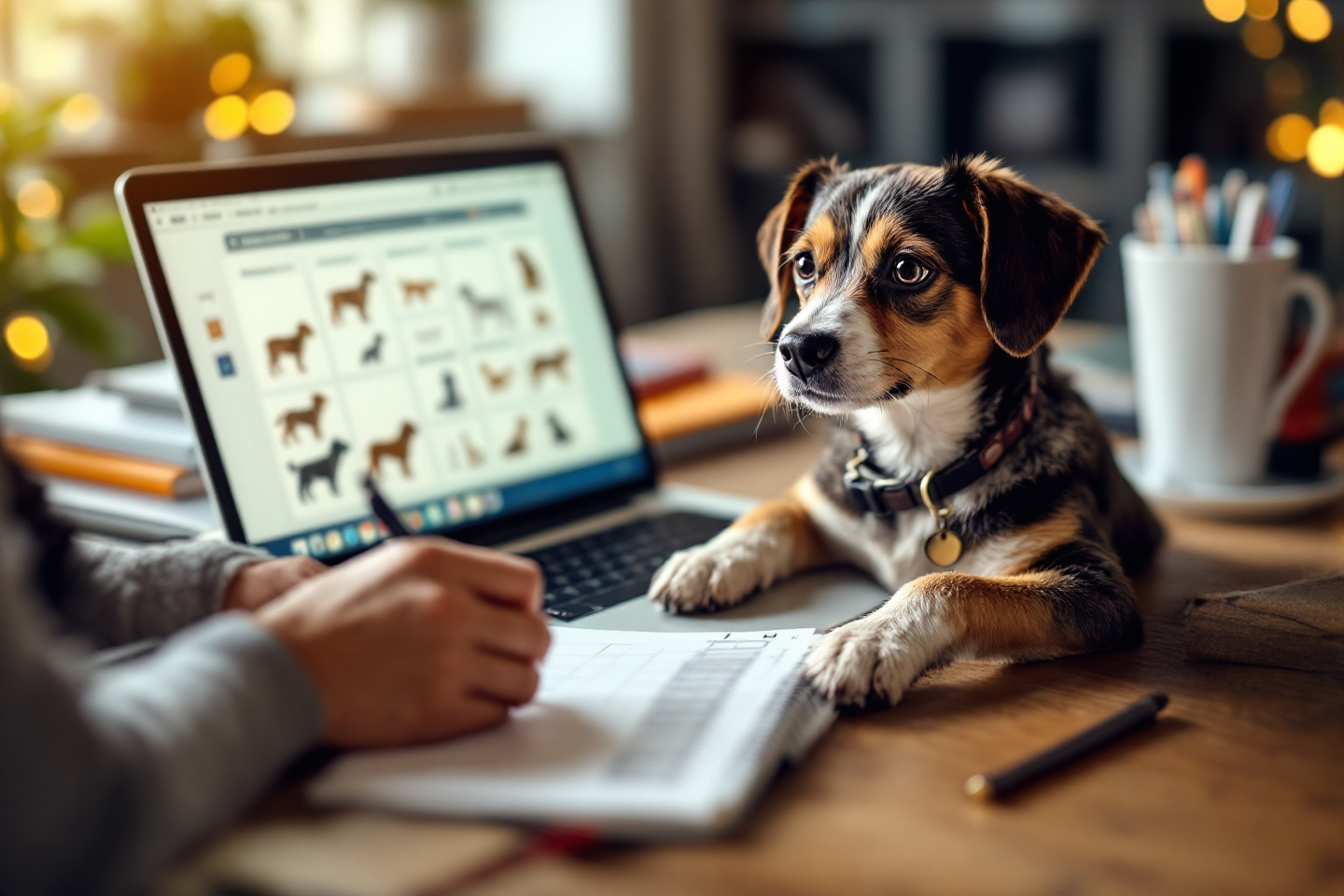 person researching dog breeds on laptop with notebook and checklist
