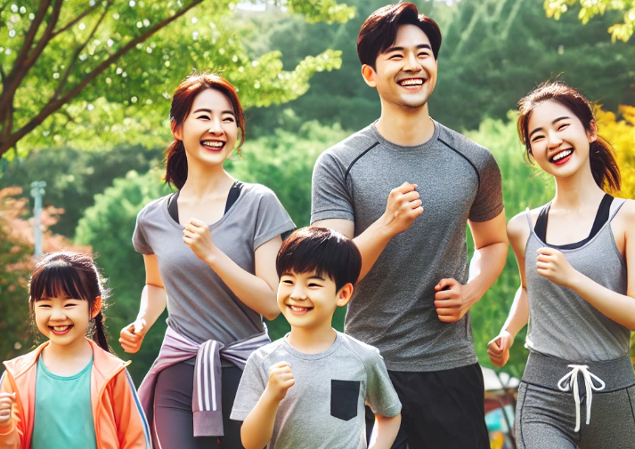 온 가족이 간강한 달리기를 생활화하는 모습