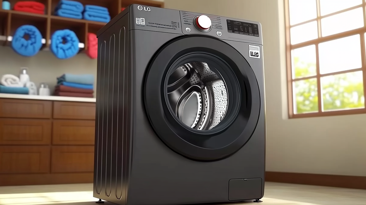 세련된 디자인의 세탁실에 위치한 현대적인 LG 트롬 세탁기. 인버터 DD 모터와 미니멀리스트 디자인 요소를 강조합니다.