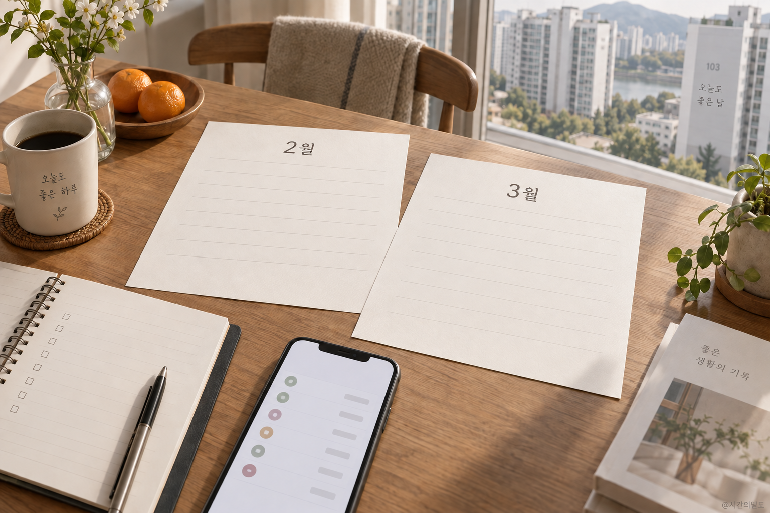 한국 아파트 식탁에서 2월과 3월 달력을 대출 기록과 함께 펼쳐둔 가상 정물