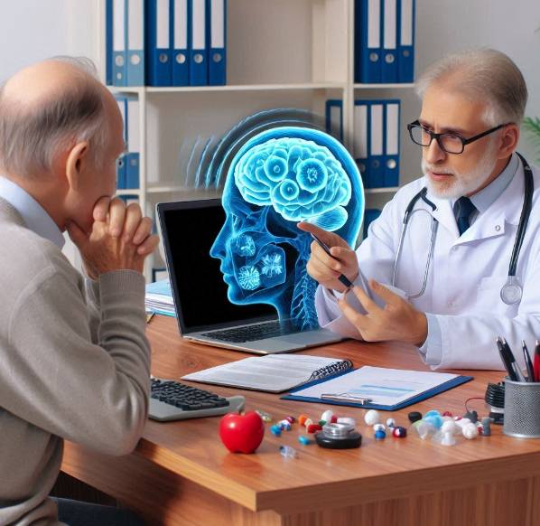 치매 관련해서 전문의와 상담을 받고 있는 노인