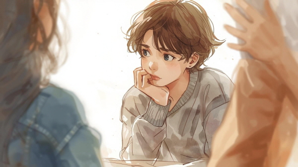 ESFJ 청소년은 따뜻하고 사려 깊은 아이입니다. 친구의 기분을 먼저 살피고, 가족의 기대를 충실히 따르며, 주변의 조화를 위해 자기 마음을 조용히 접어둡니다에 관한 그림