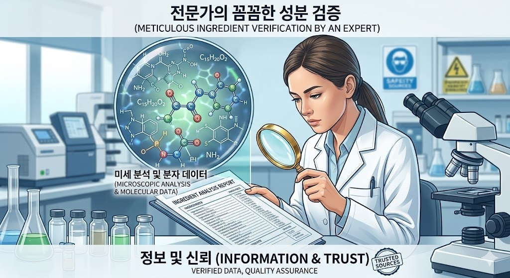 치약 전성분 표시를 돋보기로 확인하는 이미지와 안전한 성분 비교 아이콘