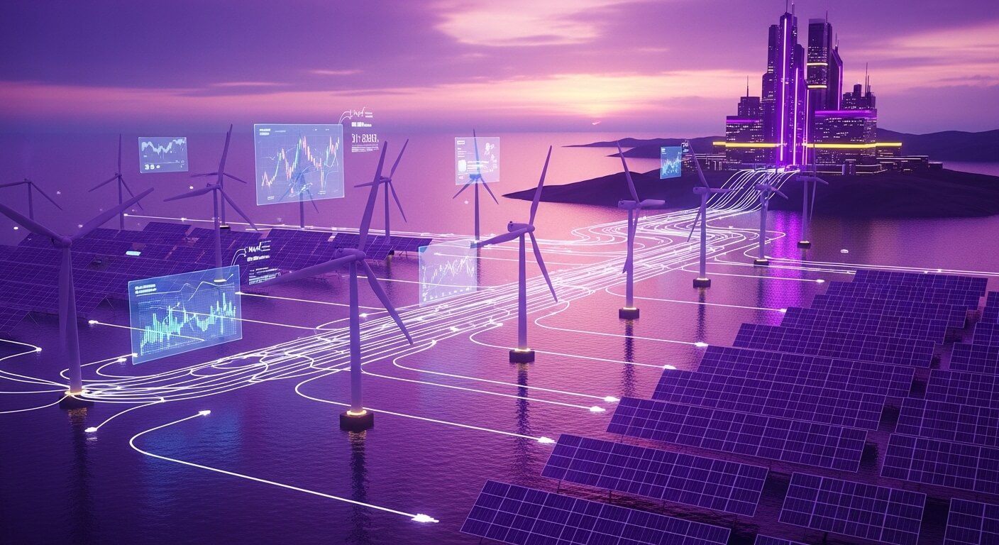 거대한 풍력발전기와 태양열발전기가 전기를 발생시켜 도시로 보내고 있다