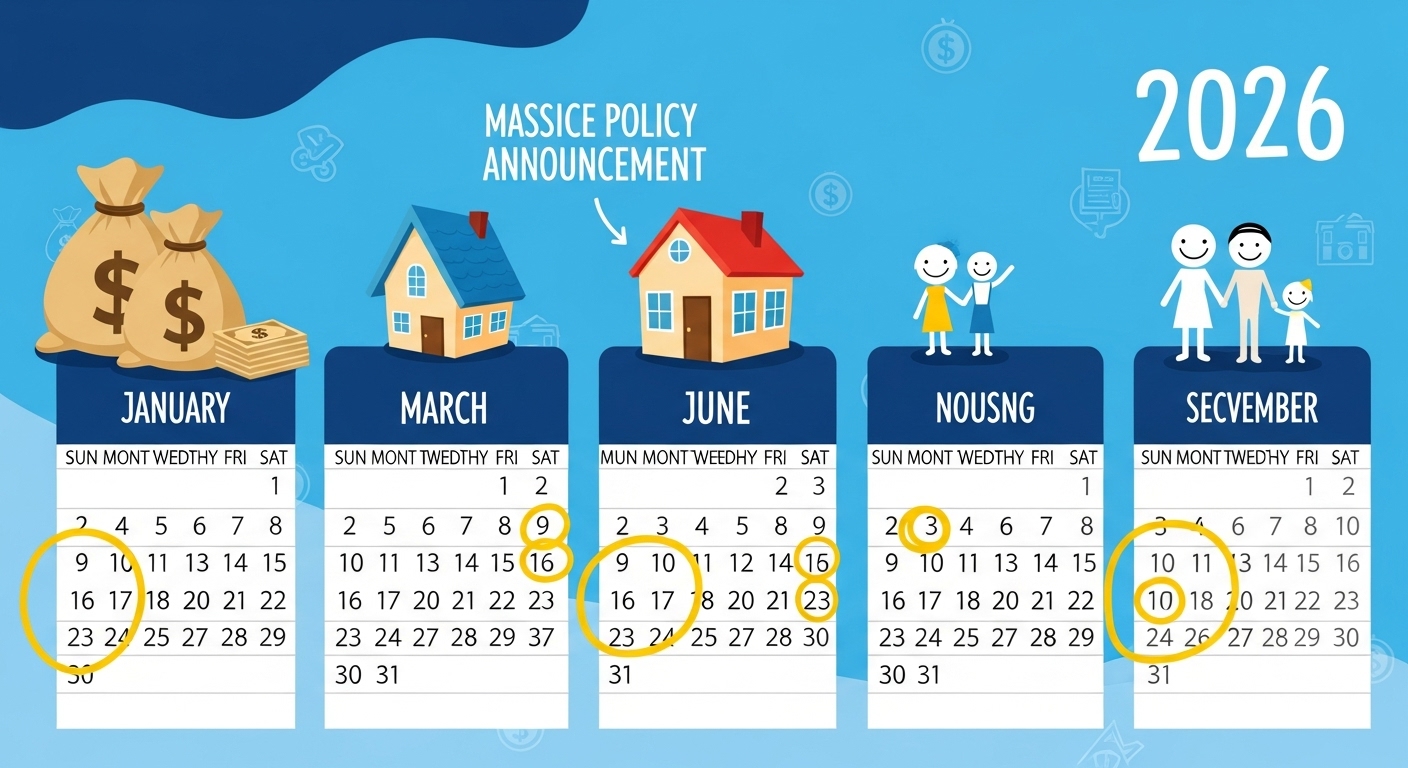 2026년 달력과 돈, 집, 가족 아이콘이 어우러진 그림. 신혼부부 정책 발표 시기를 암시하는 이미지.