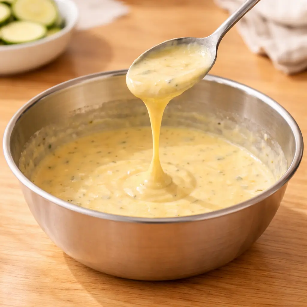 달걀 반죽을 숟가락으로 들어 농도를 보여주는 사진