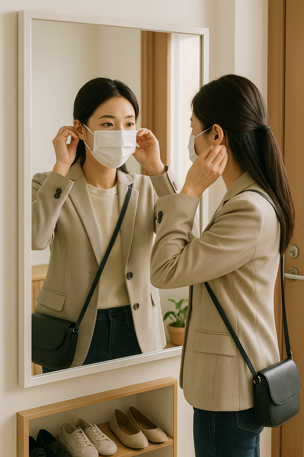 외출 전 마스크를 착용하는 사람