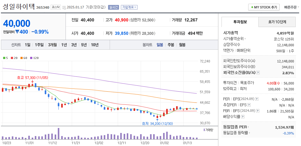 희토류 관련주 성일하이텍 주가 차트