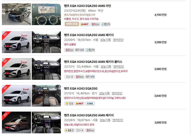 벤츠 EQA 중고차 가격 시세표 24년11월