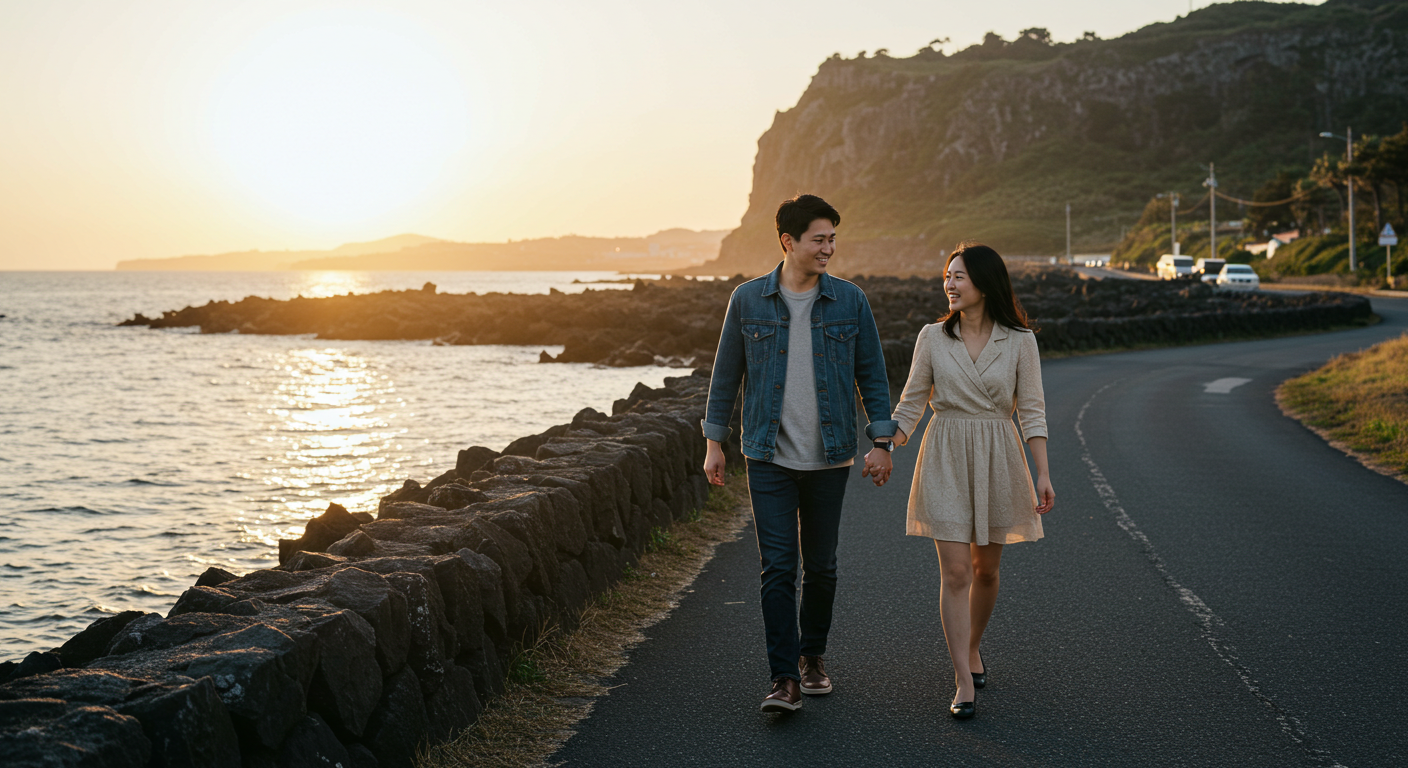 제주 해안길을 따라 노을 지는 바다를 배경으로 걷는 한국인 커플