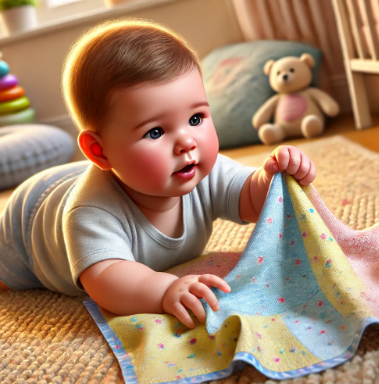 부드러운 천을 손으로 만지는 100일 아기