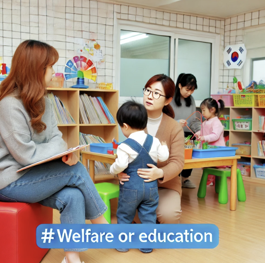 유치원 교실에서 선생님이 학부모와 상담 중인 장면