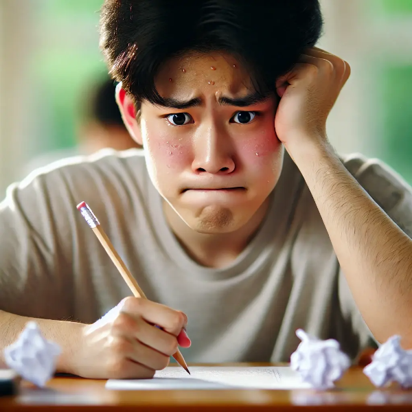 시험 전 긴장한 동양인 학생