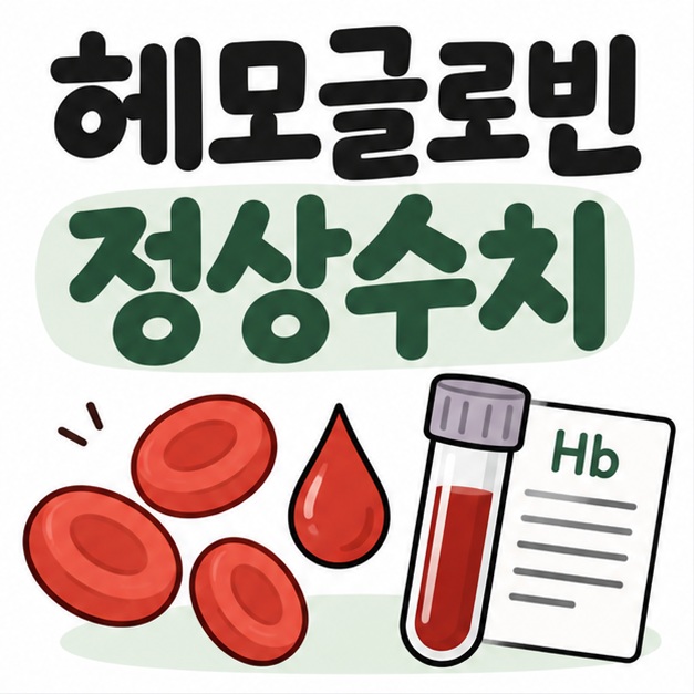 혈액 방울과 적혈구 아이콘 옆에 헤모글로빈 정상수치라는 제목이 크게 적힌 대표 썸네일