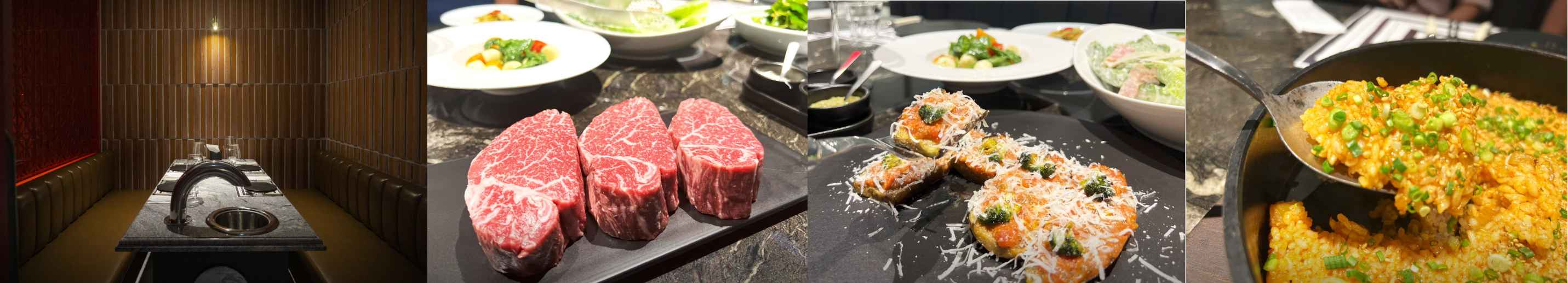 한우부티크의 내부 사진과 음식 사진.