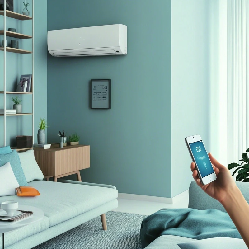 세련된 거실에서 스마트폰을 통해 창문형 에어컨을 원격 제어하며 기술과 편안함이 결합된 실내 환경을 만듭니다. 스마트홈과 사용자 편리성을 강조합니다.