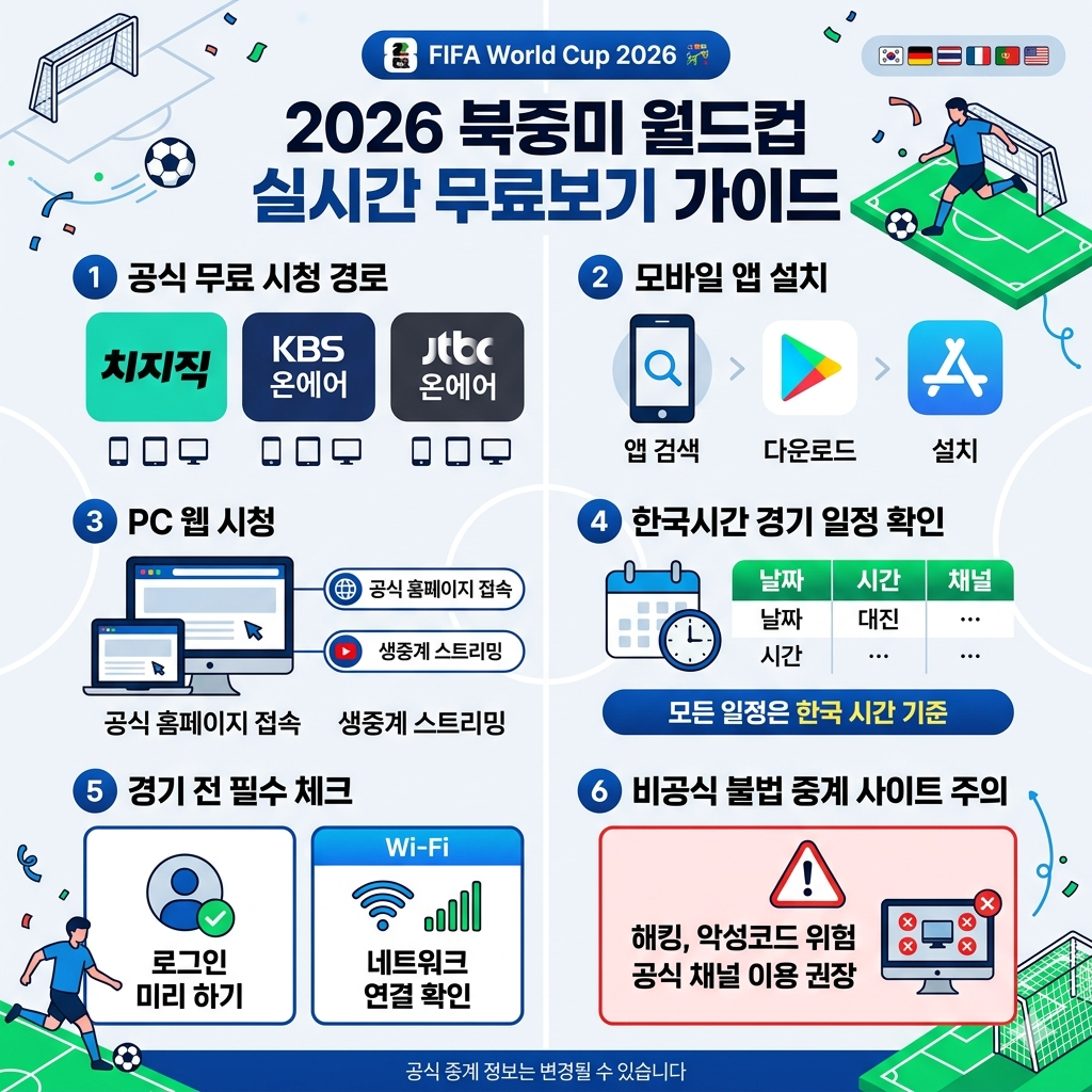 2026 북중미월드컵 실시간 무료보기|공식 중계 채널·모바일 시청 방법 인포그래픽