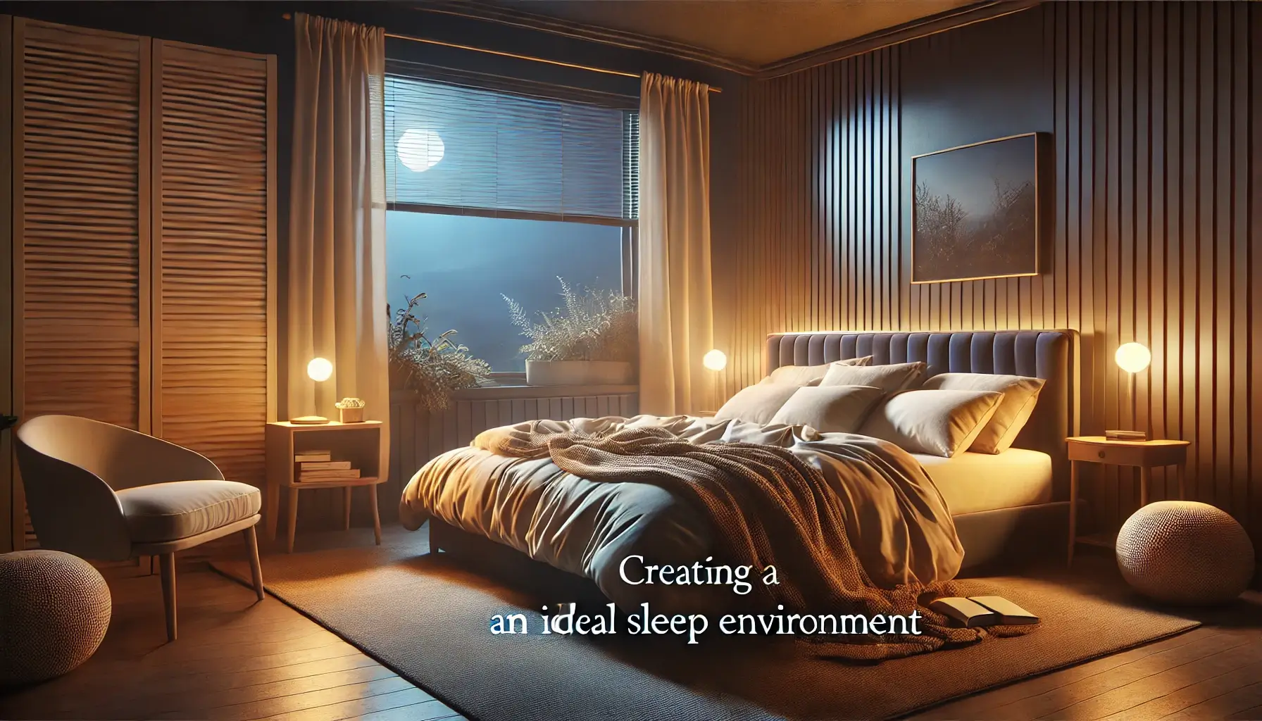 편안한 침대, 부드러운 베개, 아늑한 담요가 있는 평화로운 침실 장면을 담고 있습니다.