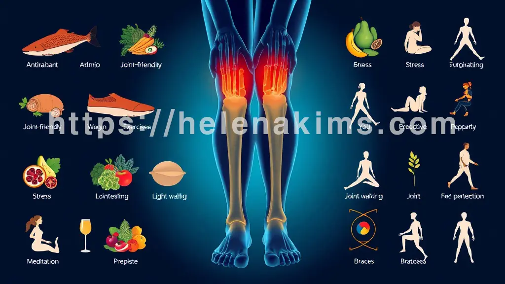 중앙에 건강하고 활기찬 인간의 관절(손, 무릎) 실루엣. 실루엣 주변으로 항염증 식단(연어, 채소, 베리류) 아이콘, 관절에 좋은 운동(요가 자세, 가벼운 걷기) 아이콘, 그리고 스트레스 관리(명상) 및 관절 보호(보호대) 아이콘이 조화롭게 배치되어 있다.